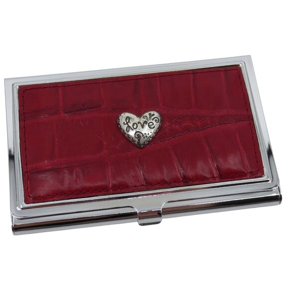 Brighton Red Croco Leather LOVE Heart Credit Business Card Case Silver Metal - Picture 1 of 7